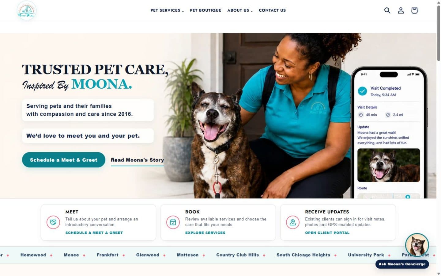 Current Moona's Place homepage: Trusted Pet Care, Inspired By Moona, with a Schedule a Meet & Greet button and Meet, Book and Receive Updates steps.
