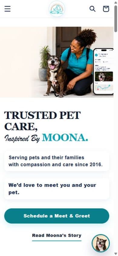 Current Moona's Place homepage on a phone, with the Schedule a Meet & Greet button and Read Moona's Story link.